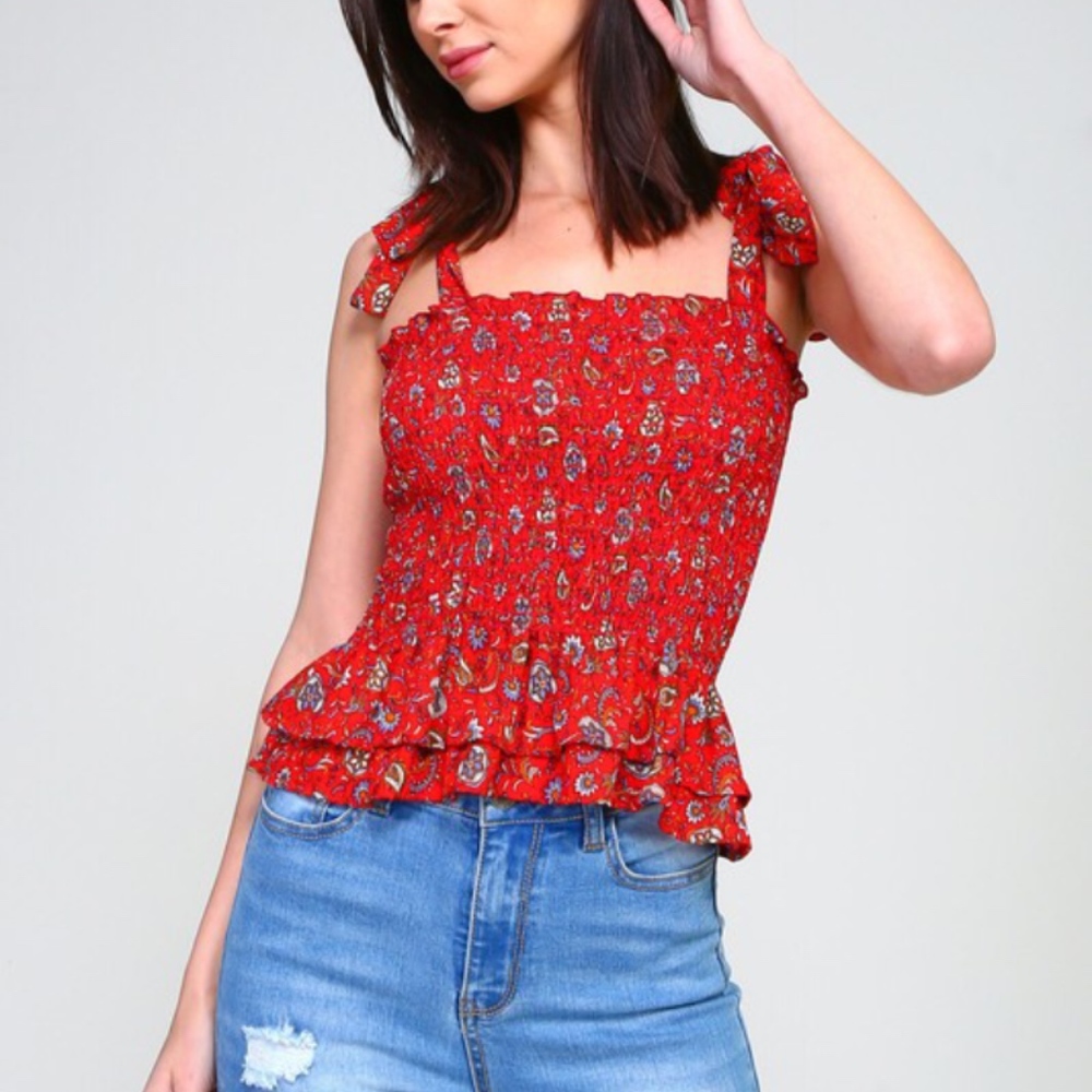 {host pick} ALICE floral red peplum smocked top - Picture 3 of 8
